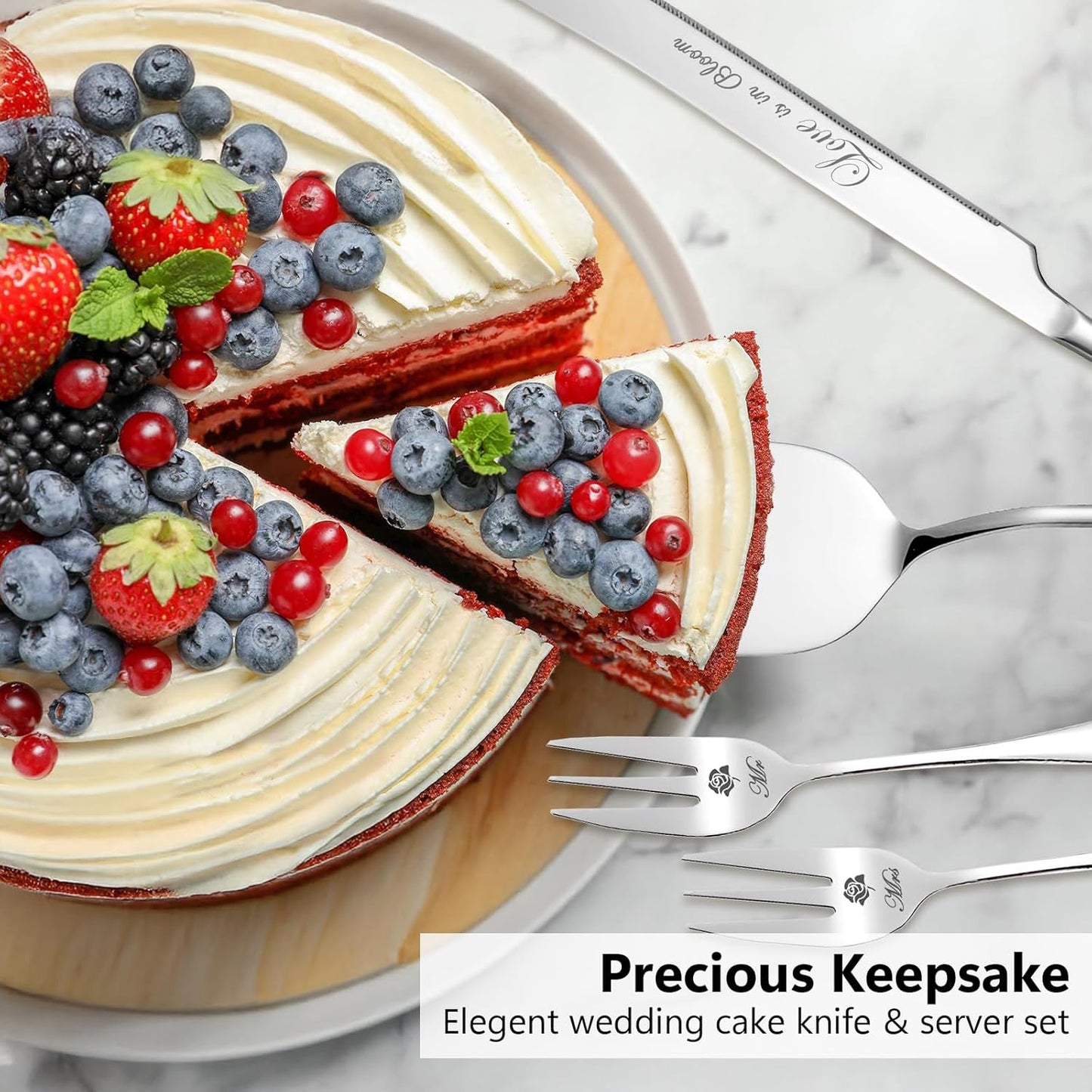 Wedding Cake Knife and Server Set, Stainless Steel Cakes toppers with Forks, Engraved Cake Cutting Set, Cutter Pie Spatula for Engagement, Birthday, Party, Christmas, Anniversary (Silver)