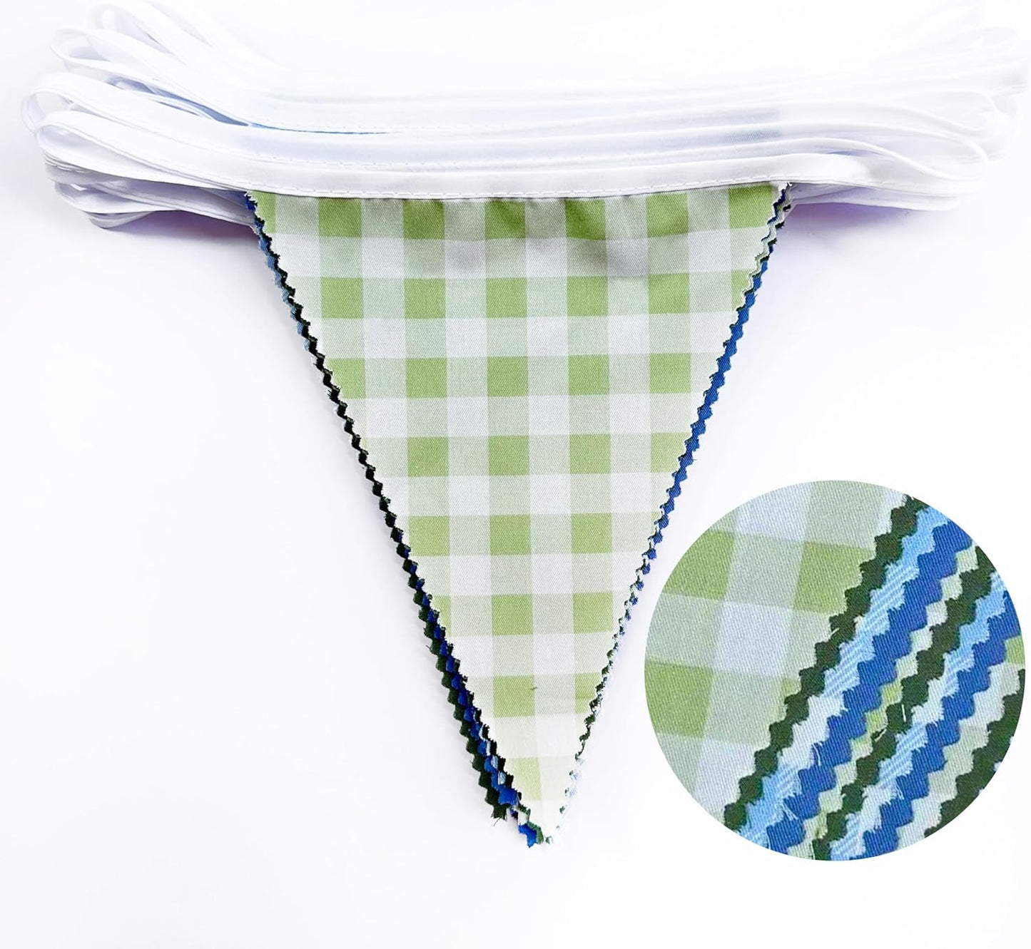 32Ft Dusty Blue Party Decorations Retro Blue Gingham Triangle Banner Flag Pennant Fabric Garland Streamers for Nautical Wedding Birthday Ahoy Achor Bridal Baby Shower Under The Sea Decor Supplies