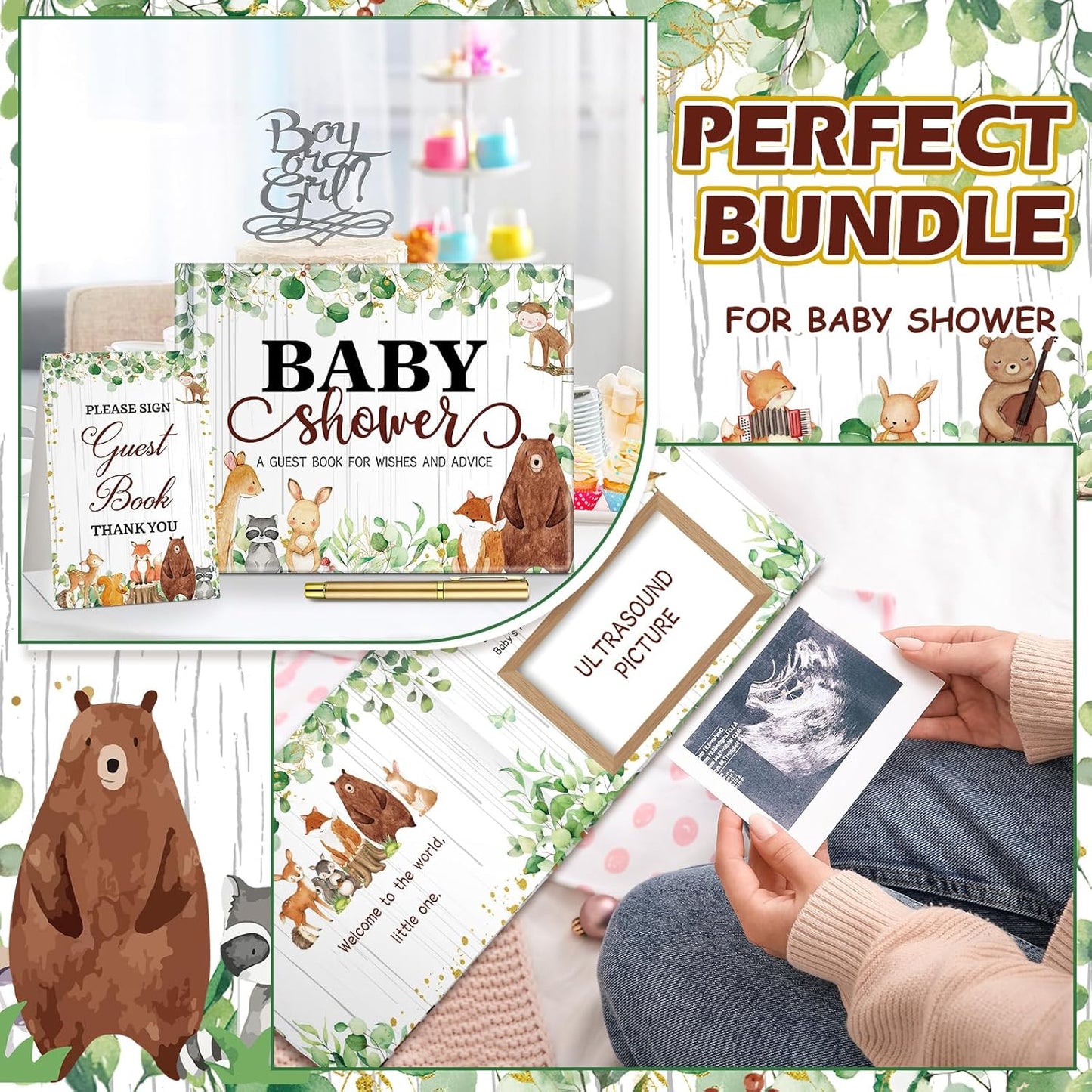 Fuyoooo 27 Pcs Safari Animal Baby Shower Guest Book Set Baby Shower Sign in Guest Floral Book Place Table Cards with Gold Pen Adhesive Photo Corner for Birthday Party