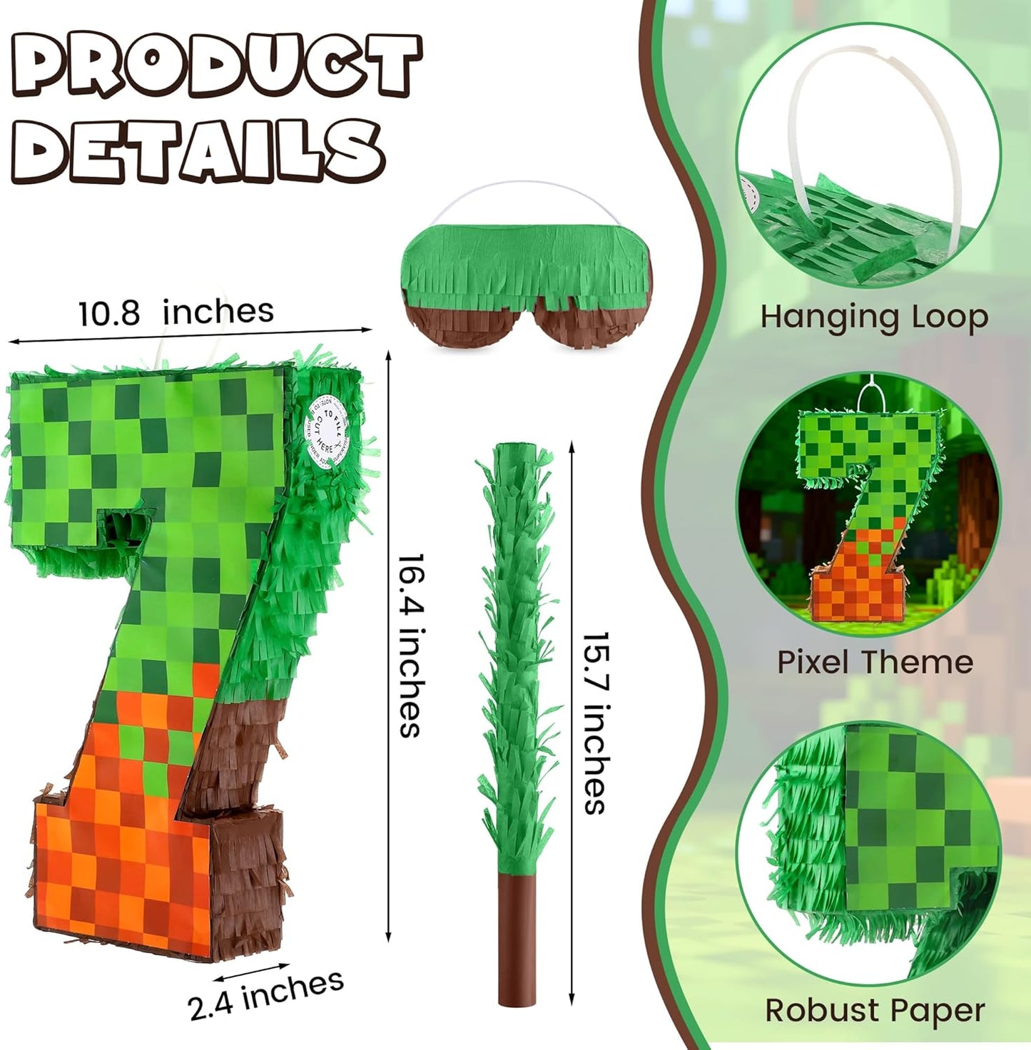 Pixel Number 7 Birthday Pinata with Blindfold Stick 16.4 Inch Block Style Pinata Fillable for Candy and Treats Hanging Mexican Birthday Party Decorations Video Game Party Supplies