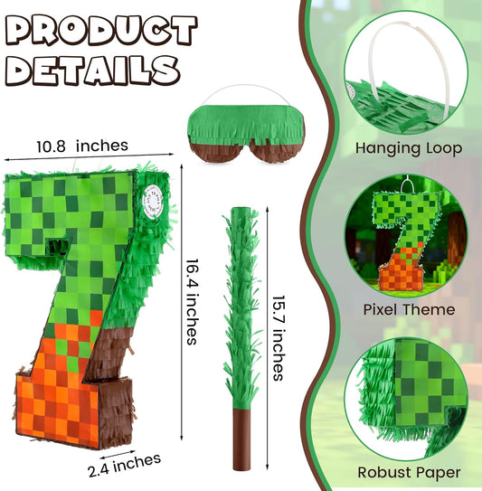 Pixel Number 7 Birthday Pinata with Blindfold Stick 16.4 Inch Block Style Pinata Fillable for Candy and Treats Hanging Mexican Birthday Party Decorations Video Game Party Supplies