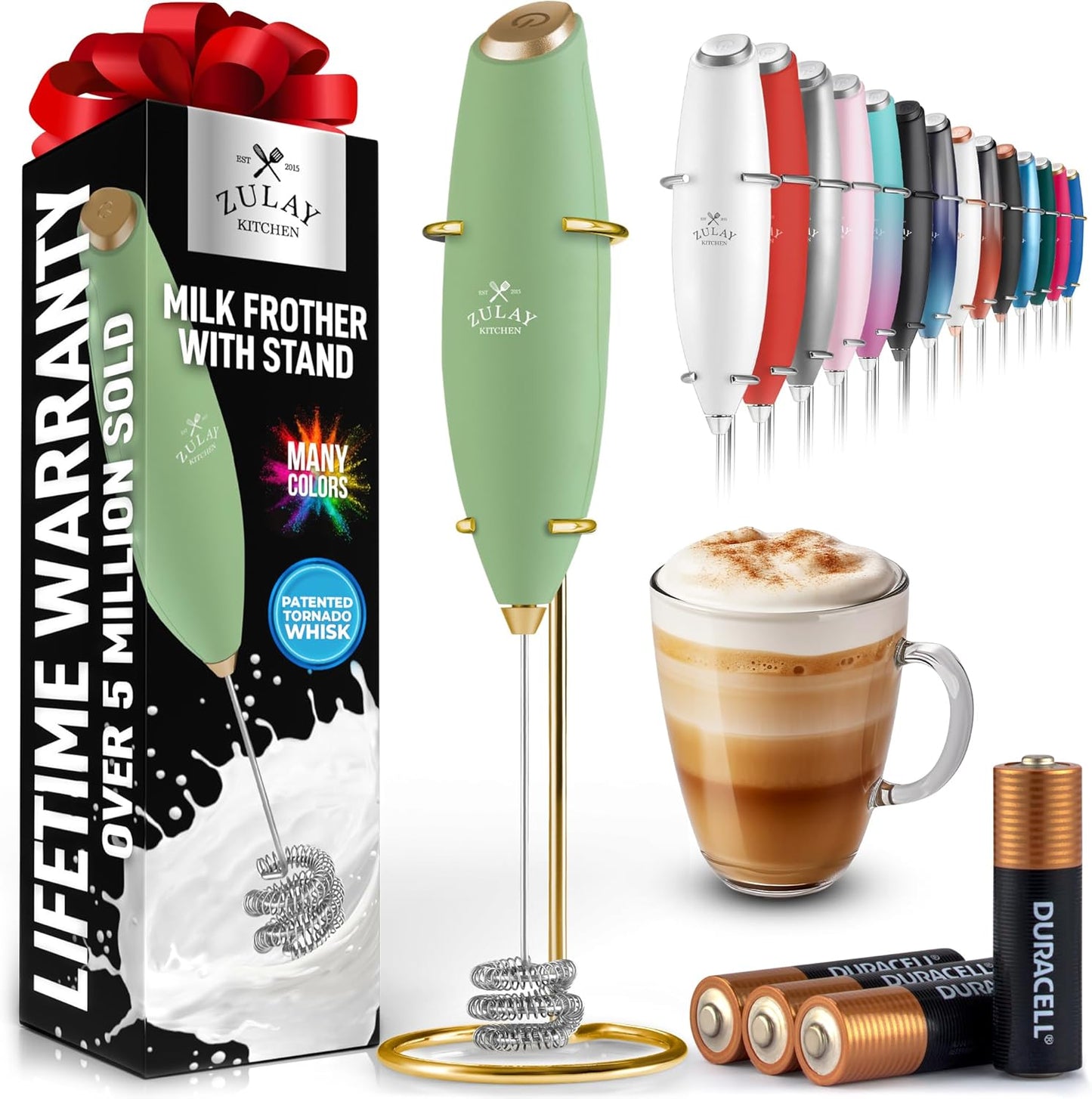 Zulay Kitchen Powerful Milk Frother Wand With Duracell Batteries - Ultra Fast Handheld Drink Mixer - Electric Whisk Foam Maker for Coffee, Lattes, Cappuccino & Matcha - Z1 Motor - Black - Colors D