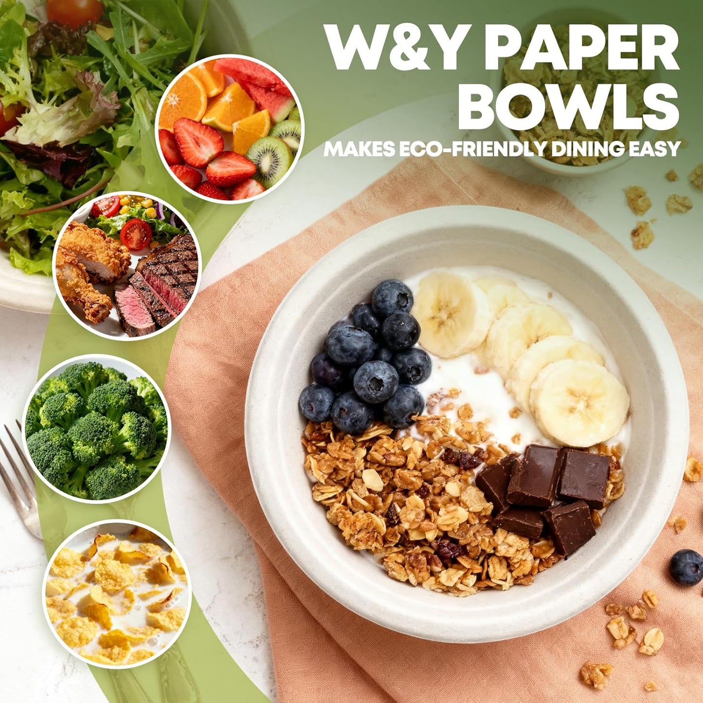 W&Y 12 oz Paper Bowls, 100-Count Disposable Compostable Bowls, Microwave Safe & Heavy Duty, Biodegradable Sugarcane Fiber Bowl for Hot Soup, Salad, Snacks, and Party Use