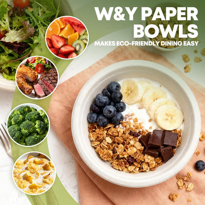 W&Y 12 oz Paper Bowls, 100-Count Disposable Compostable Bowls, Microwave Safe & Heavy Duty, Biodegradable Sugarcane Fiber Bowl for Hot Soup, Salad, Snacks, and Party Use