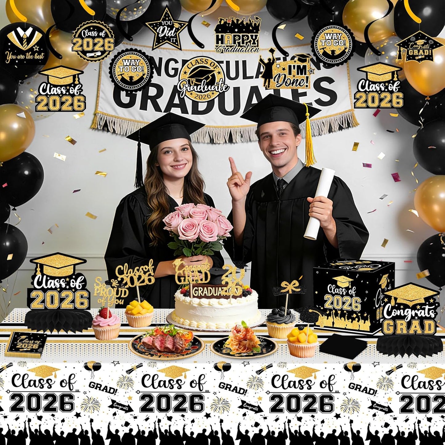 24 Pcs Graduation Cupcake Toppers 2026 - Congrats Grad Decorations Class of 2026, Pre-Assembled Black Gold Grad Cake Topper Centerpieces for Graduation Party Decoration Supplies Table Decor, 6 Styles
