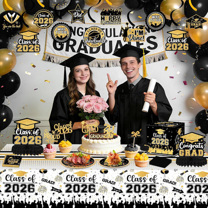 24 Pcs Graduation Cupcake Toppers 2026 - Congrats Grad Decorations Class of 2026, Pre-Assembled Black Gold Grad Cake Topper Centerpieces for Graduation Party Decoration Supplies Table Decor, 6 Styles