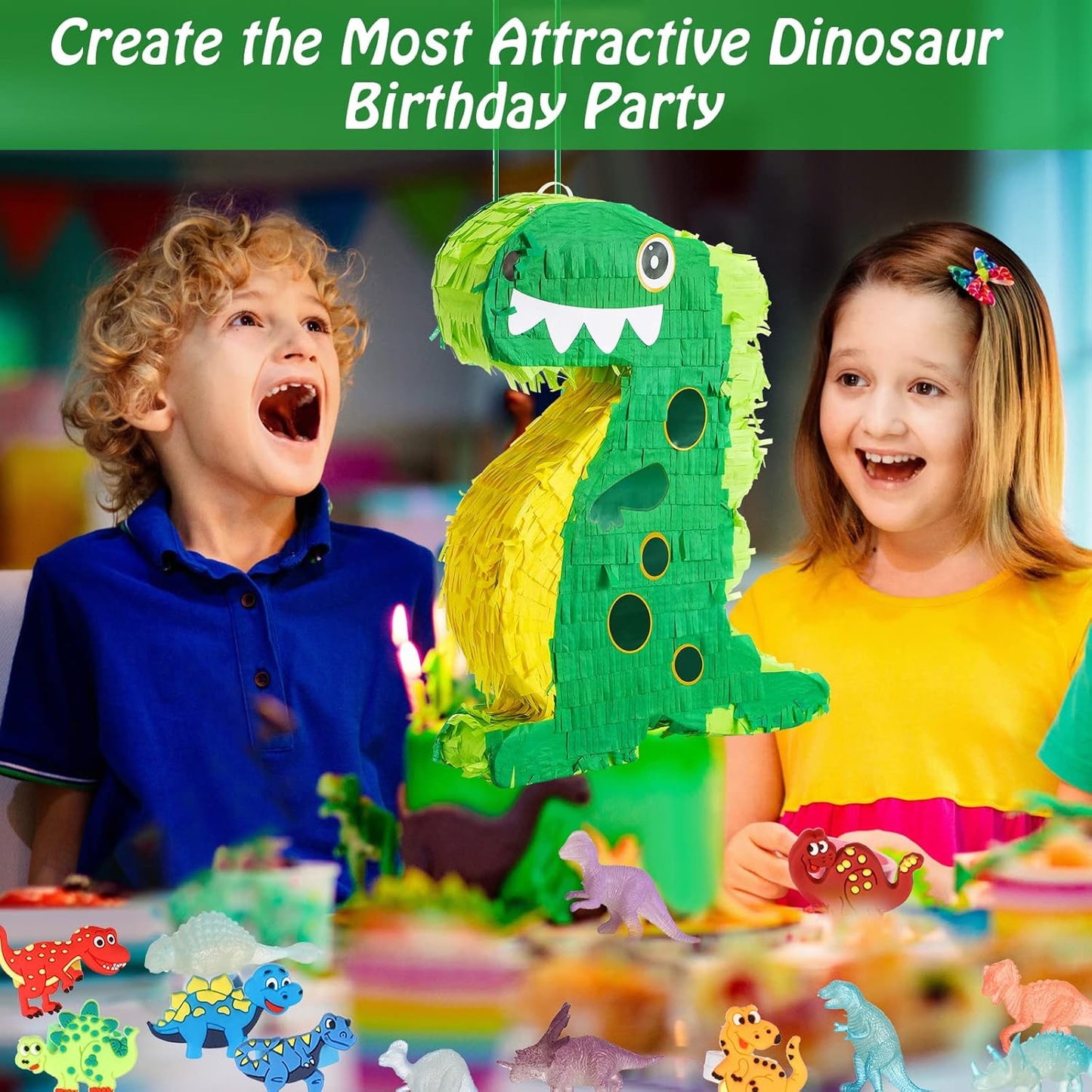 Hanaive 141 Pcs Dinosaur Piñata for Birthday Party, Dino Piñata Set with Blindfold and Baton, 16 x 12 x 3 Inch, Kids Dinosaur Themed Party Favors for Boys and Girls(Lovely Style)