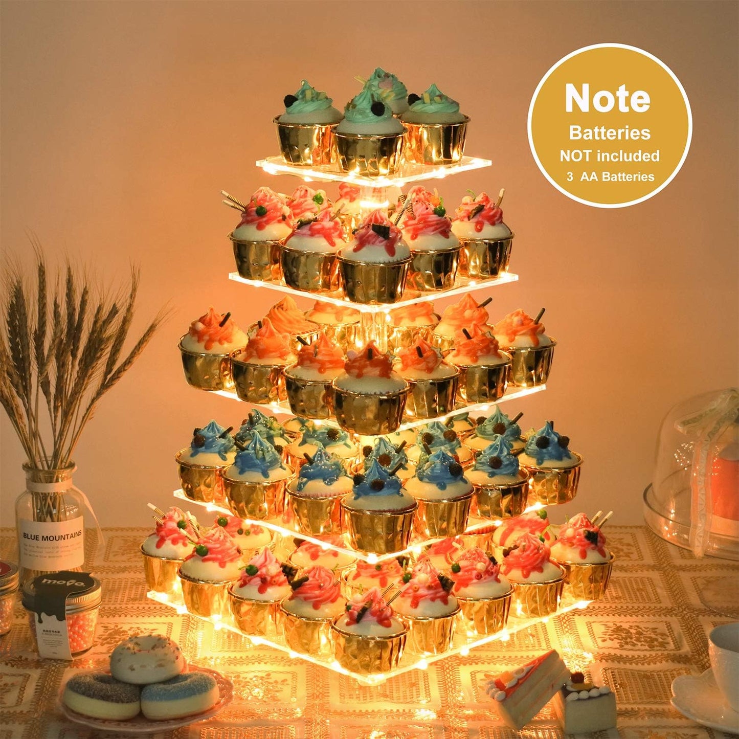 YestBuy Cupcake Stand with Yellow Led Lights, 4 Tier Cupcake Stand for 50 Cupcakes, Acrylic Cupcake Tower Stand, Clear Tiered Cupcake Holder for Birthday Cady Bar Décor Weddings, Parties Events