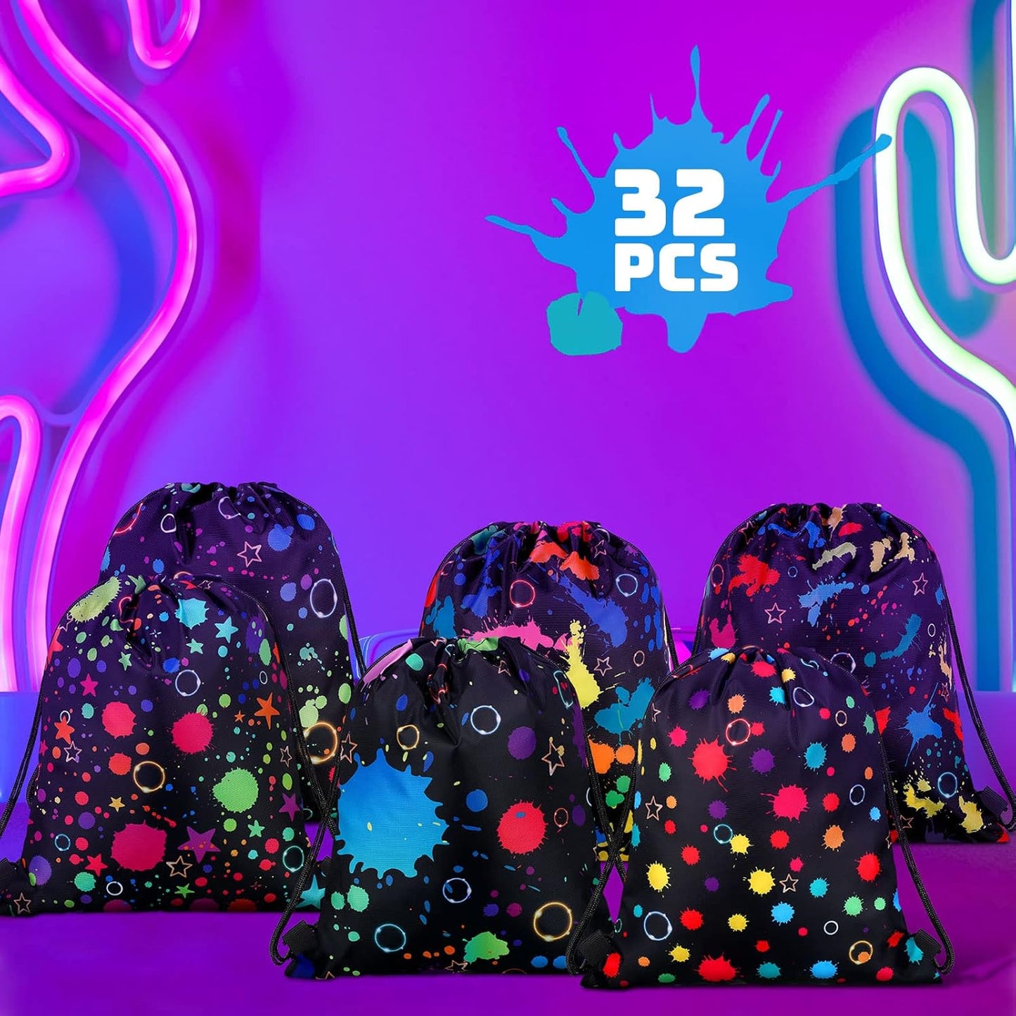 Funtery 32 Pcs Glow Party Drawstring Bags Glow Party Favors Neon Birthday Treat Bags for Teens Social Media Theme Gifts School Travel Supplies, 11.81 x 9.84 Inch