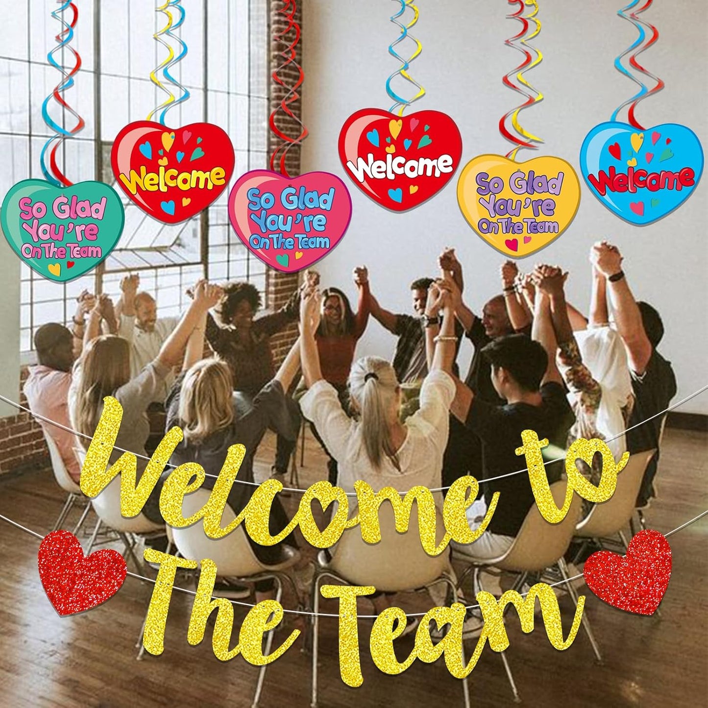 Gold Glitter Welcome To The Team Banner and Hanging Swirls, Welcome Banner, Welcome Sign, Welcome Decorations for New Employee Coworker Teacher Colleague Staff Team Member Office Party