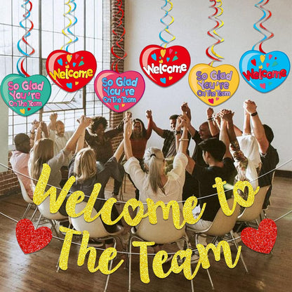 Gold Glitter Welcome To The Team Banner and Hanging Swirls, Welcome Banner, Welcome Sign, Welcome Decorations for New Employee Coworker Teacher Colleague Staff Team Member Office Party
