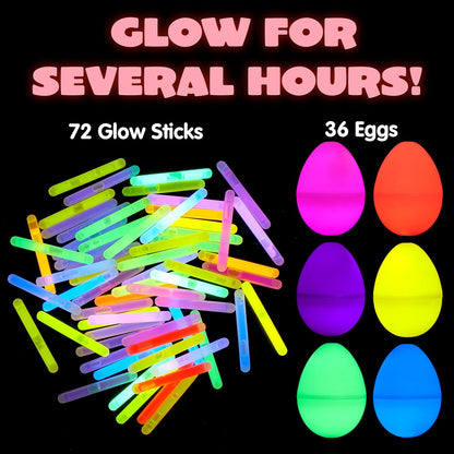 JOYIN 36 Pcs Easter Eggs with 72 Pcs Mini Glow Sticks for Kids Glow-in-The-Dark Basket Stuffers Fillers Gift, Easter Eggs Hunt Game Party Favors Classroom Decorations Supplies