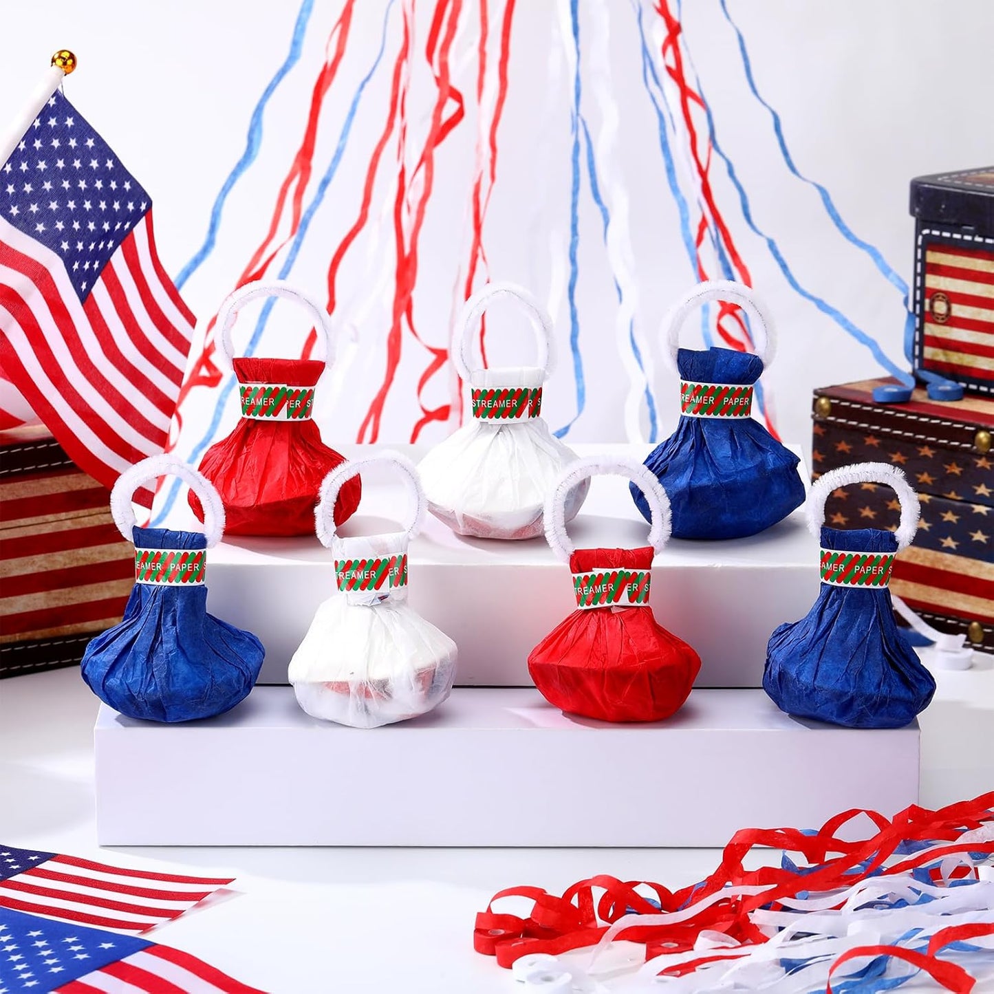 Soulchen 24 Pack 4th of July No Mess Confetti Popper Hand Throw Streamer Popper Bulk Red Blue White Confetti for 250th Anniversary Celebration Independence Day Patriotic Party Supplies Decorations