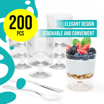 Exquisite Mini Dessert Cups With Spoons 200 Pcs - 2 Oz Square Clear Plastic Pudding Cups Disposable With Tasting Spoons 100 Sets | Mini Parfait Cup | Appetizer Cup For Party & Events