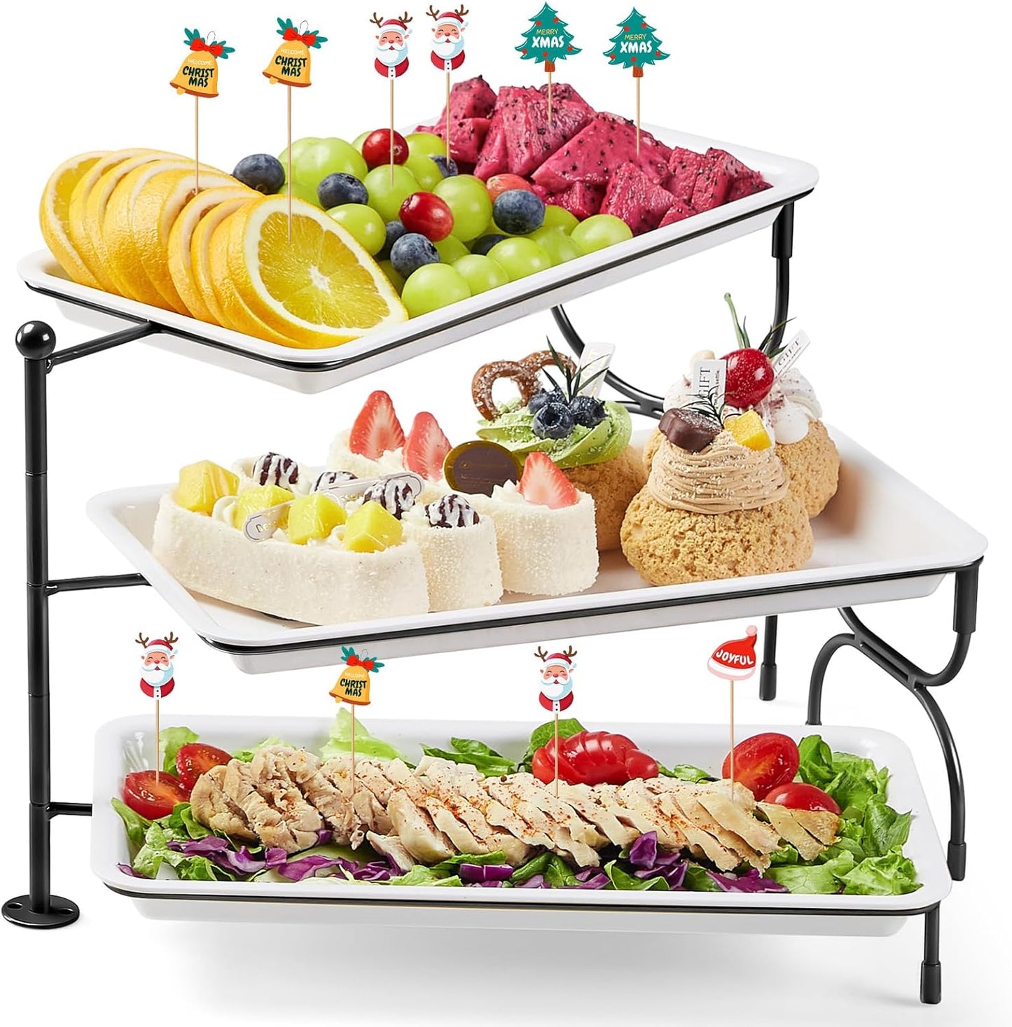 Lifewit 3 Tier Serving Tray, 30 x 17 cm/12 x 6.5" White Plastic Tiered Food Serving Platters, Tiered Tray Stand for Party with Black Collapsible Metal Stand, Dessert Display Stand for Cookies/Crackers