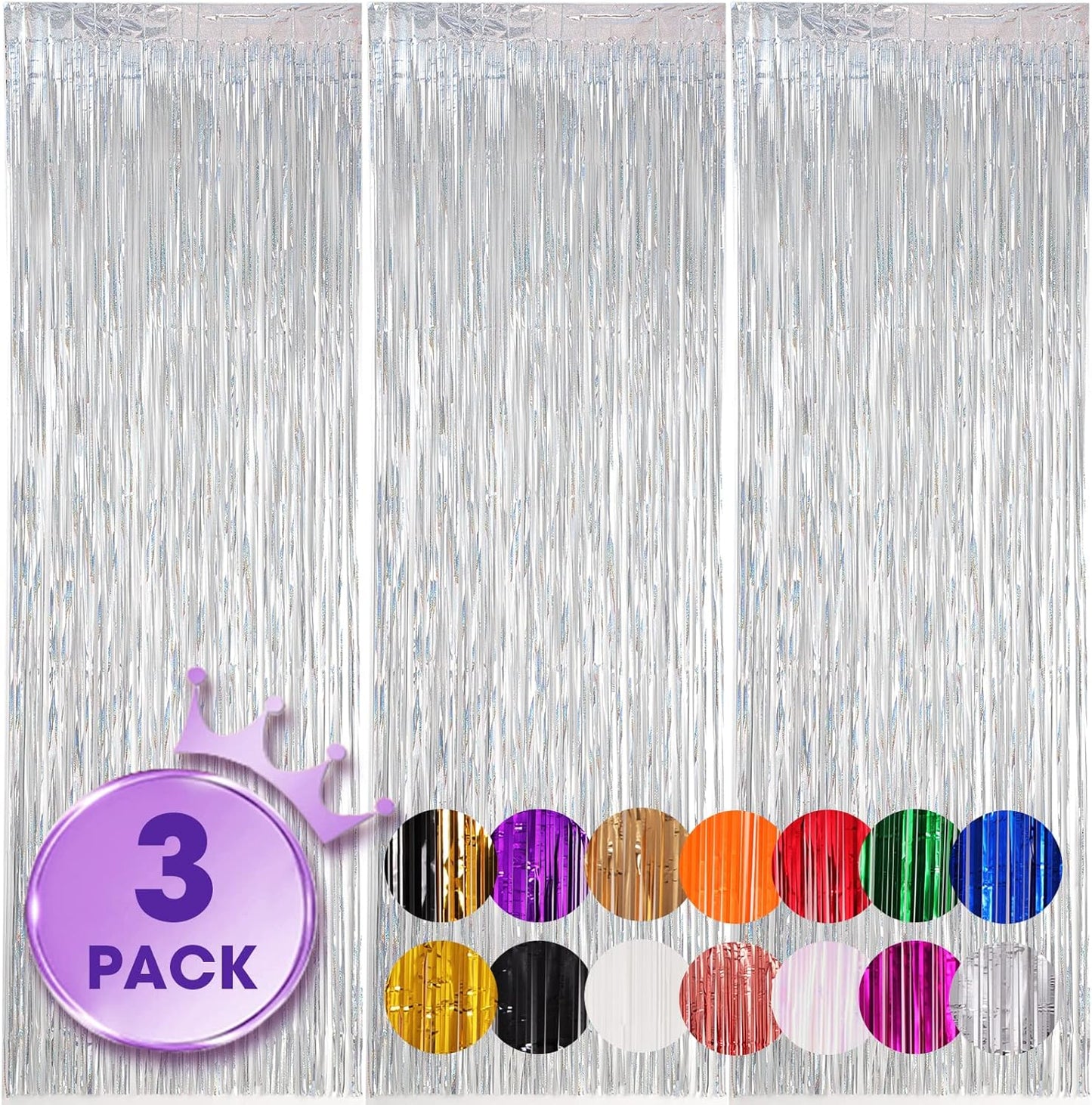 Voircoloria 3 Pack 3.3x8.2 Feet Gold Foil Fringe Backdrop Curtains, Tinsel Streamers, Fringe Backdrop for 2025 New Years Eve, Graduation, Birthday, Baby Shower, Gender Reveal, Disco Party - Colors B