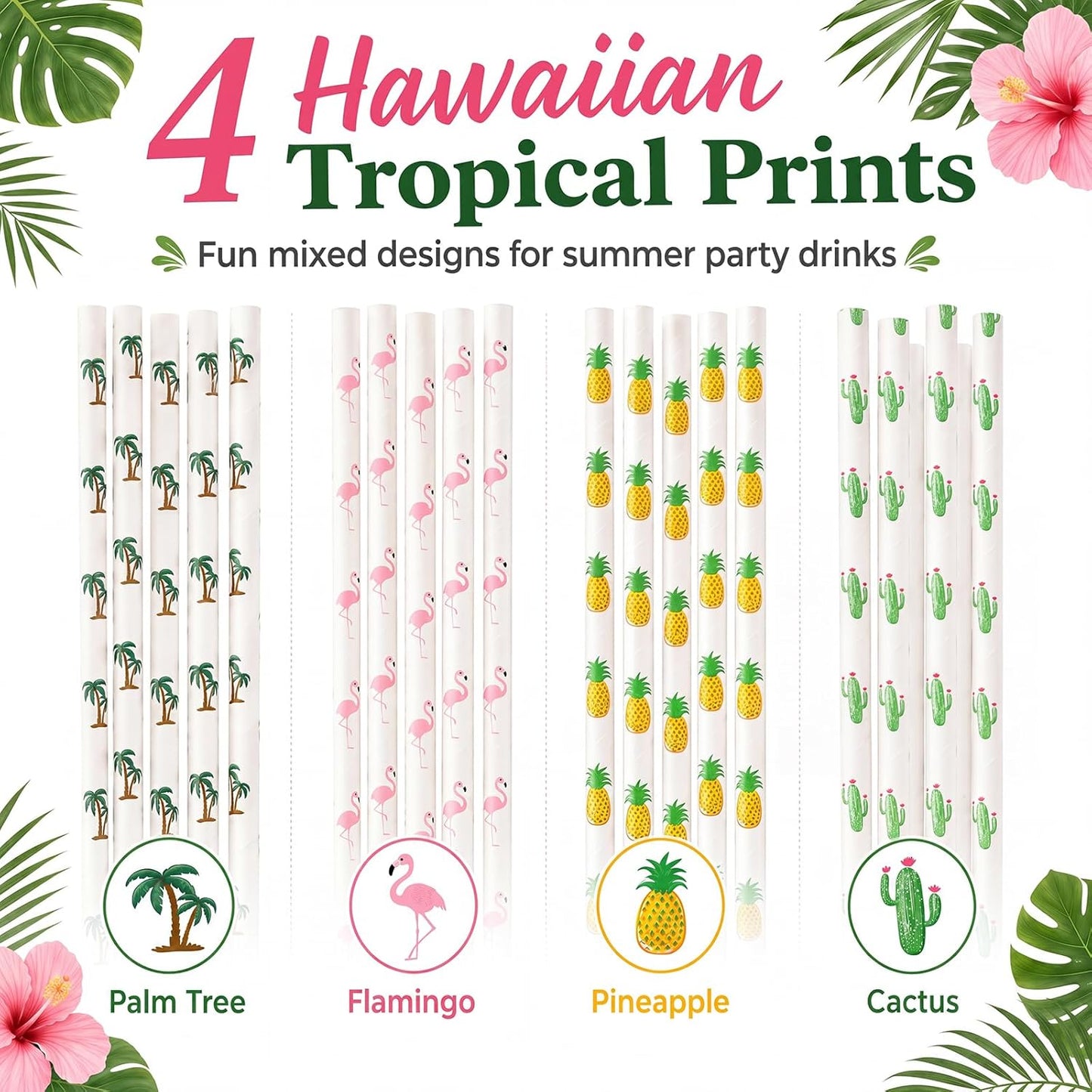 ALINK 100 Pack Tropical Paper Straws - 7.75" Biodegradable Hawaii Party Straws with Flamingo, Pineapple, Cactus & Coconut Tree Designs - Supplies for Luau, Beach Party, Birthday & Summer Cocktails