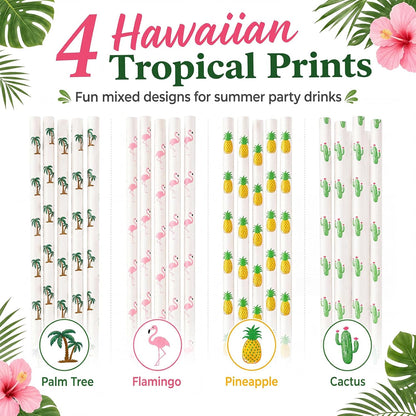 ALINK 100 Pack Tropical Paper Straws - 7.75" Biodegradable Hawaii Party Straws with Flamingo, Pineapple, Cactus & Coconut Tree Designs - Supplies for Luau, Beach Party, Birthday & Summer Cocktails