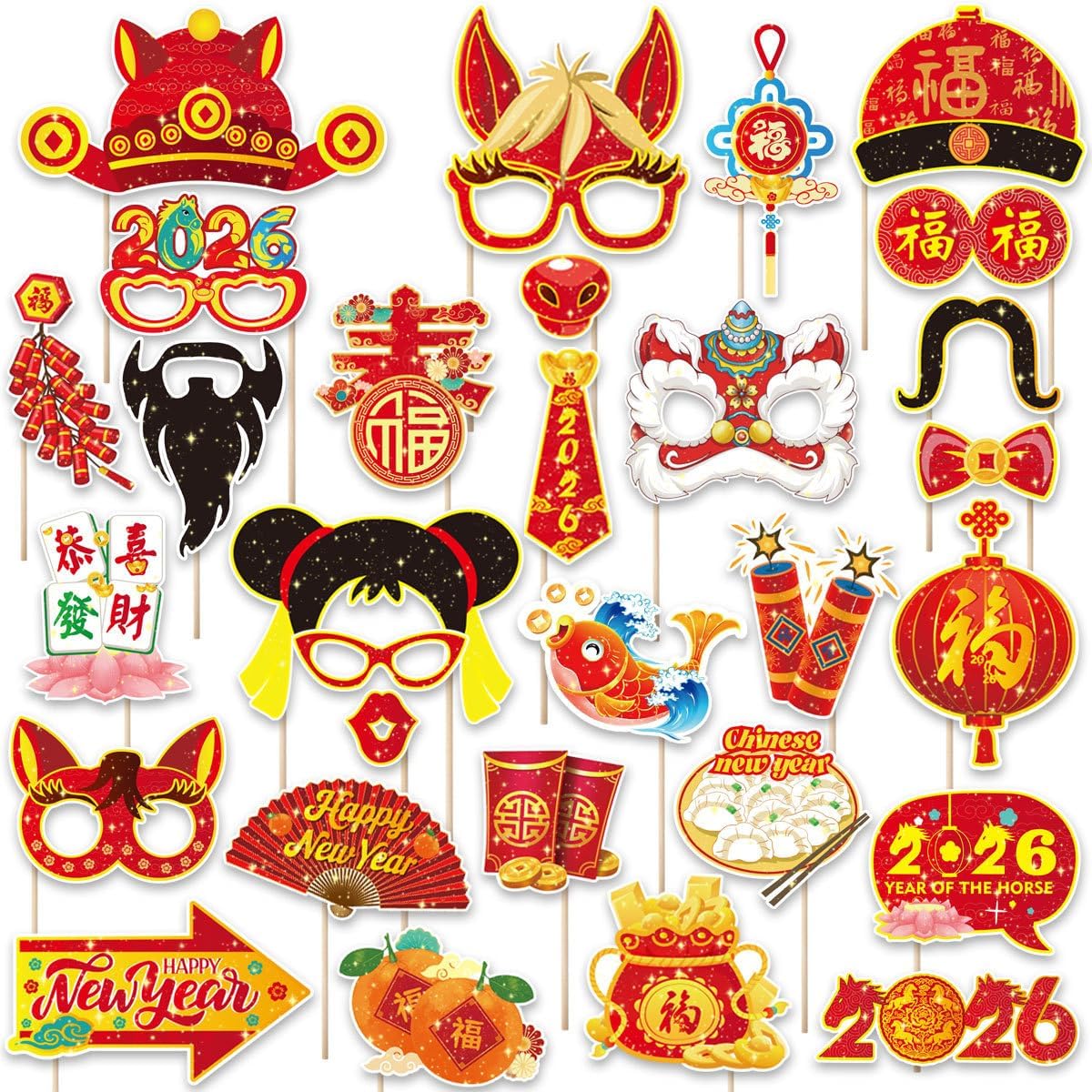 KYMY 2026 Chinese New Year Photo Booth Props Kit, 1 Selfie Frame & 24 Photo Booth Props, Zodiac Horse Year Spring Festival Festive Selfie Accessories for Asian Lunar New Year Party Favors