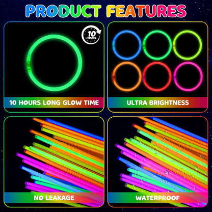 Mega-L Glow Sticks Party Supplies, Glow in the Dark Party Favors, 100 Pcs 8" Ultra Bright Glow Necklaces and Glow Bracelets with Connectors for Neon New Years Eve Party, Glow Party Decorations
