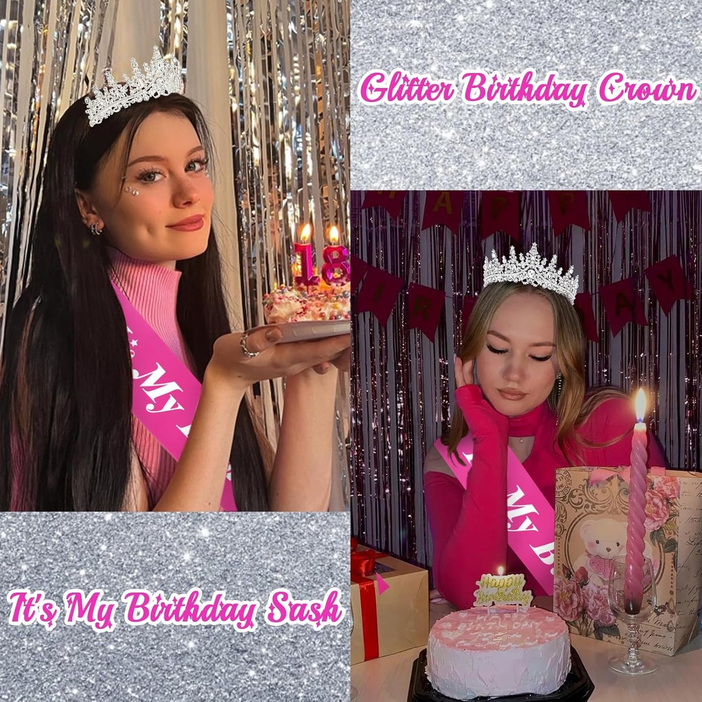CURASA Birthday Tiara and Sash - Silver Birthday Crown for Women, Perfect for Parties and Celebrations