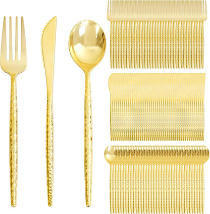 Supernal 360pcs Silver Plastic Cutlery,Elegant Plastic Silverware,Silver Hammed Silverware,Disposable Flatware,Include 120 Forks,120 Knvies,120 Spoons,Perfect for Birthday,Party,Wedding