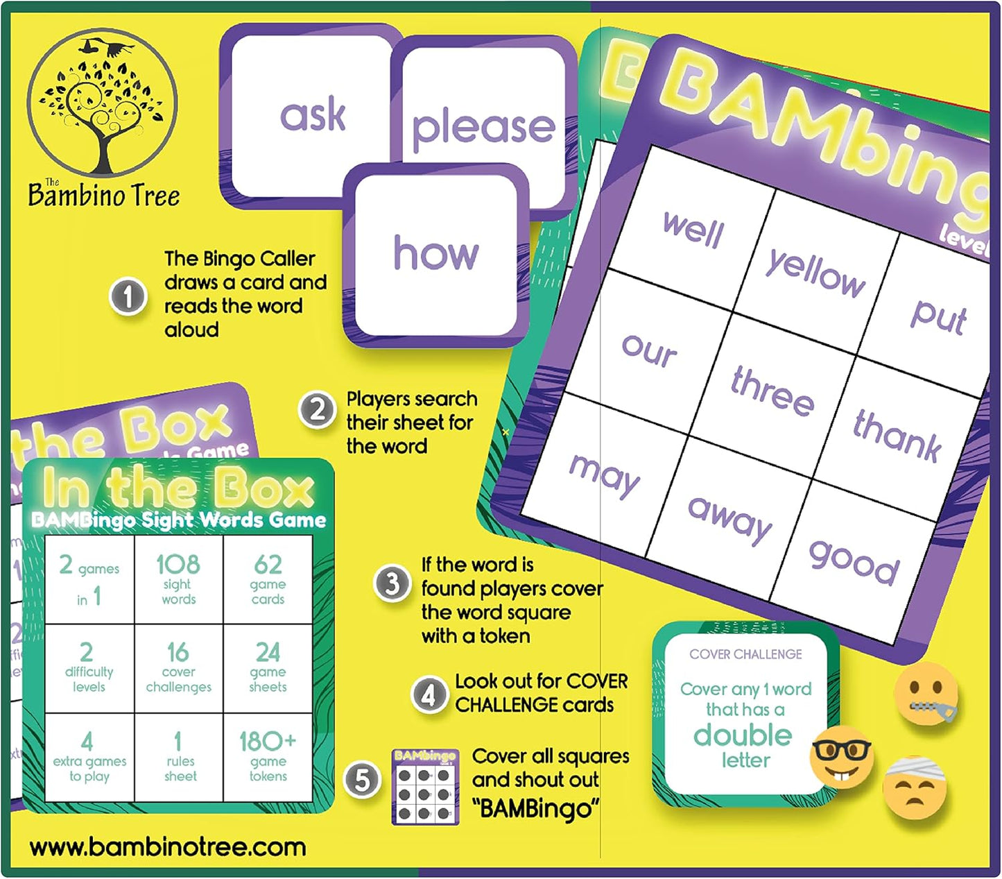 THE BAMBINO TREE Sight Word Bingo Game Level 1 and 2 - Educational Games for Kids - Learn to Read Vocabulary for Kindergarten 1st Grade - Dolch's Fry's Words Lists