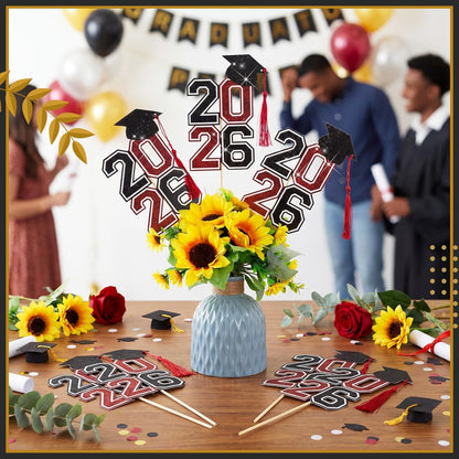 10 Pcs Graduation Table Centerpieces Sticks with Tassels, class of 2026 Grad Cap Picks Table Decoration Cupcake Toppers for Party Centerpiece Decoration Supplies(Blue and Gold)