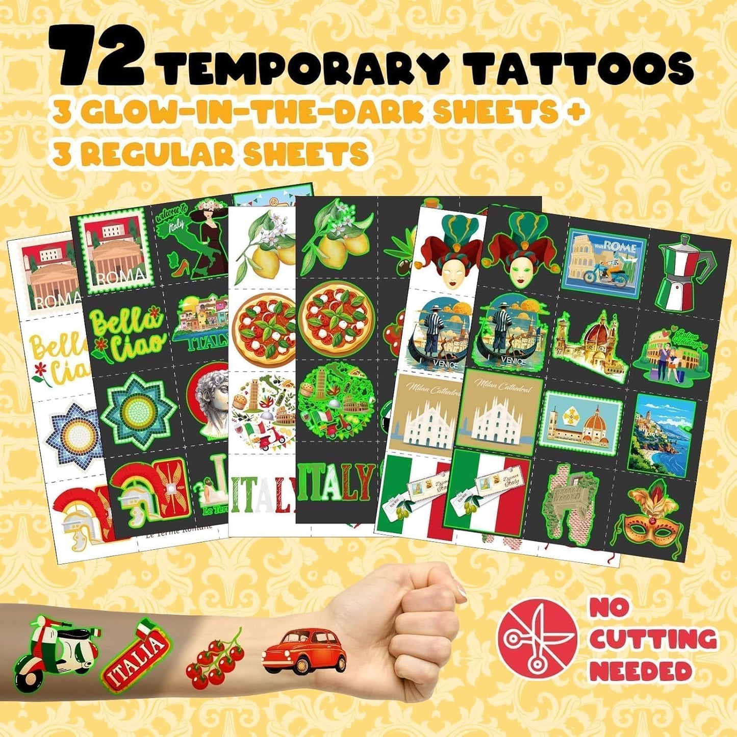 96 PCS Italy Party Favors Set – 72 Pre-Cut Tattoos & 24 Slap Bracelets, Perfect for Travel-Inspired Birthdays & Cultural Celebrations