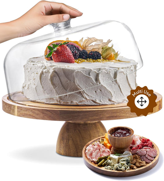 HOMESPHERE Acacia Wood Cake Stand with Lid - Cake Stand with Dome,12in Round Cake Holder, 2-in-1 Dessert Table Display Set & Charcuterie Board for Cheese, Chips & Dips, Fruit Platter, Large Acrylic Cake Dome Cover