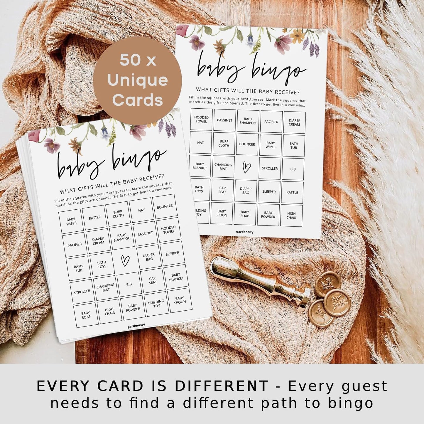 GardenCity Baby Bingo, Fun Baby Shower Games for Girl (50 Unique Cards), Pre-Filled, Perforated Calling Cards, Gender Neutral (Wildflower)