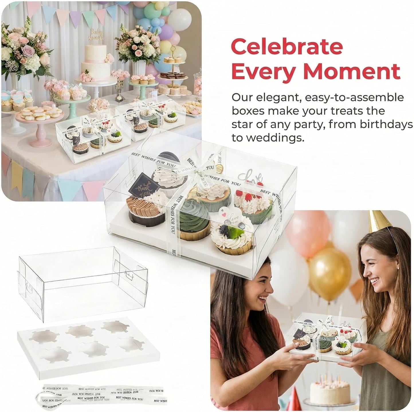 Cedilis 15 Pack Clear Cupcake Boxes, 6 Count Cupcake Containers with Gift Ribbon, Plastic Cupcake Carrier Holder for Treat Dessert Cookies Muffins Pastry Baby Shower Party