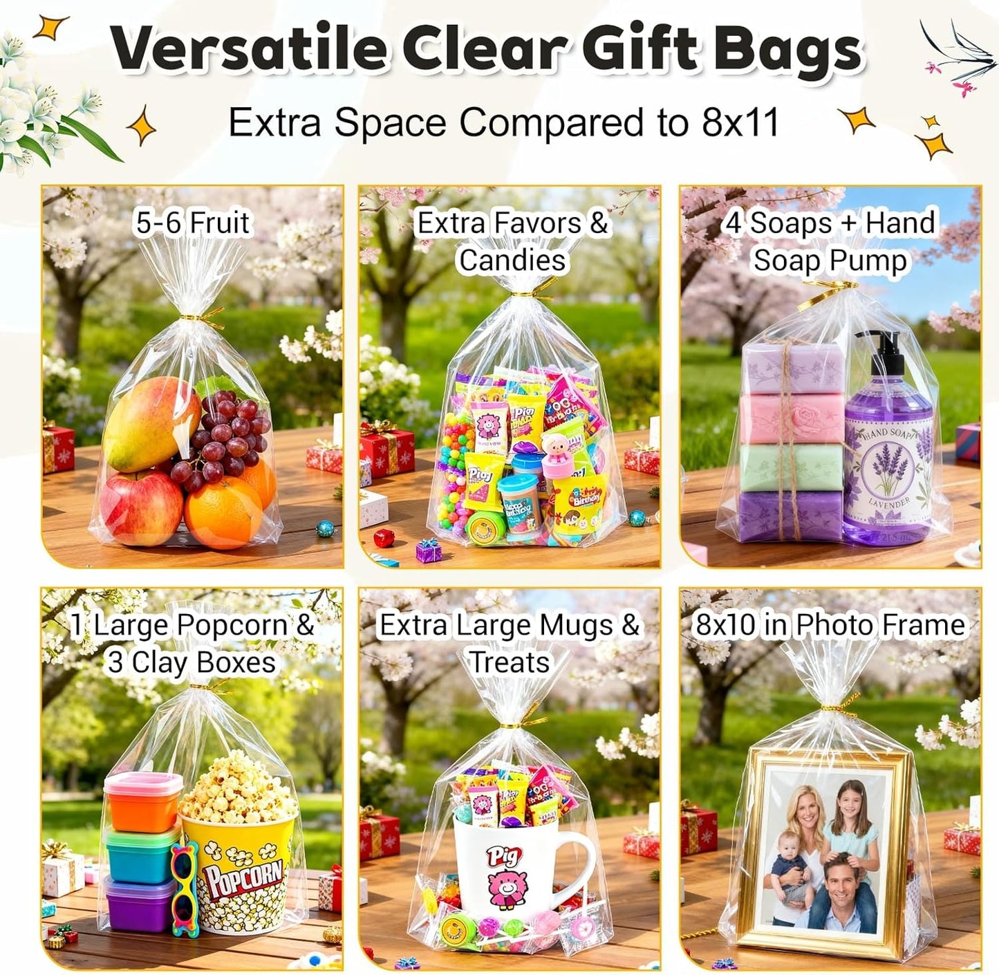 PigPotParty Cellophane Treat Bags 6x9 Inch, 50 Pack Clear Goodie Bags with Bottom Gusset for Stand-Up Display, Small Plastic Gift Wrap for Cookies, Candy, Party Favors, Popcorn, Includes 50 Gold Ties
