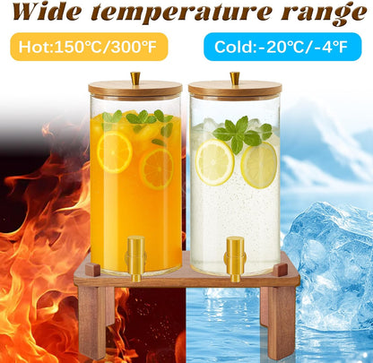 2PCS Drink Dispenser, 1.5 Gallon Each Glass Beverage Dispenser with Wood Stand and Stainless Steel Faucet Ideal for Juice, Lemonade, and Tea,Large Drink Dispenser for Parties and Home Use