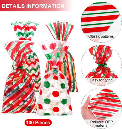 Aodaer 100 Pieces 10.6 x 5.1 In White Cellophane Bags Plastic Candy Gift Bag Cellophane Treat Bags with Twist Ties Stripes Polka Dot Printed Pattern Goodie Bag for Birthday Weddings Party Favors
