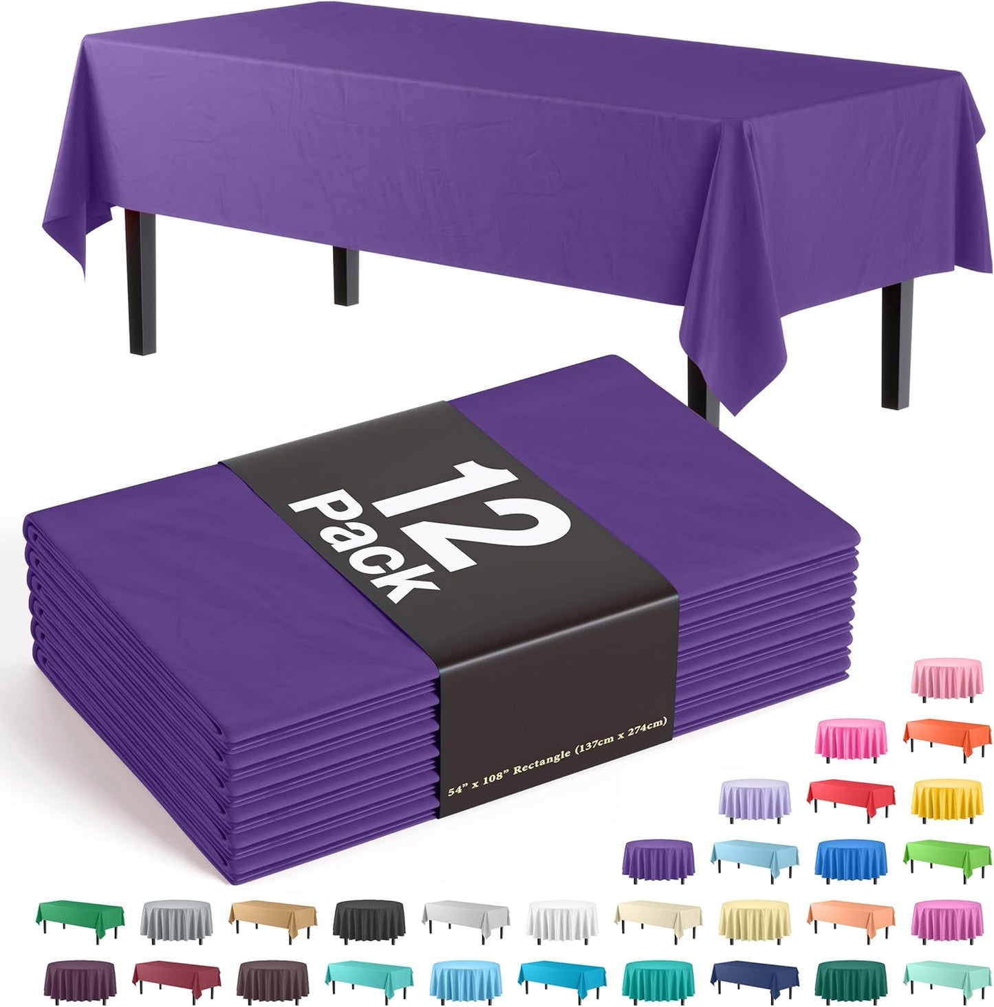 12-Pack Premium Plastic Tablecloth 54in. x 108in. Rectangle Table Cover - Dark Blue - Colors A