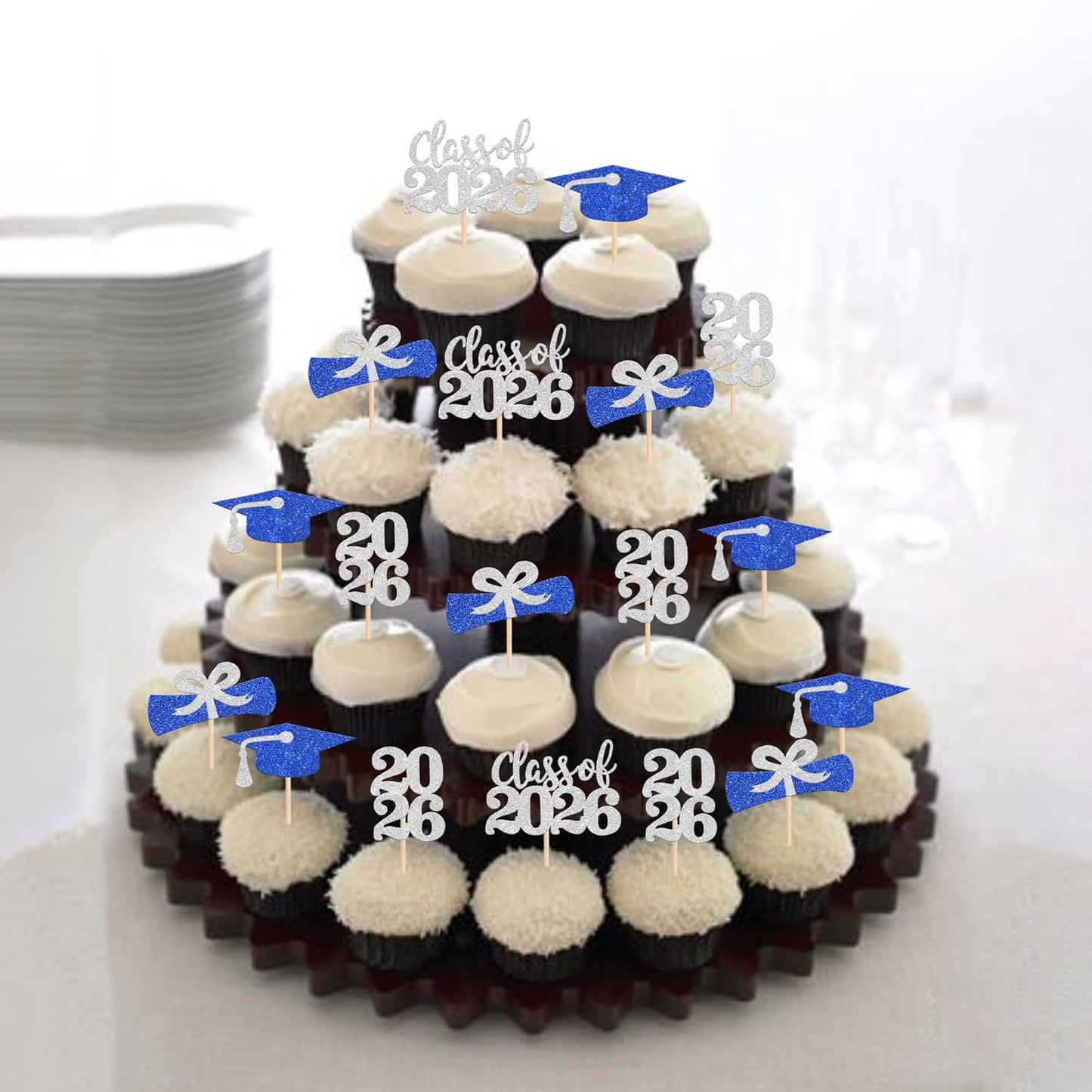 36 PCS 2026 Graduation Theme Cupcake Toppers Glitter Class of 2026 Grad Cap Diploma Cupcake Picks 2026 Graduation Theme Party Cake Decorations Supplies Deep Blue