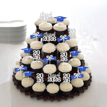 36 PCS 2026 Graduation Theme Cupcake Toppers Glitter Class of 2026 Grad Cap Diploma Cupcake Picks 2026 Graduation Theme Party Cake Decorations Supplies Deep Blue