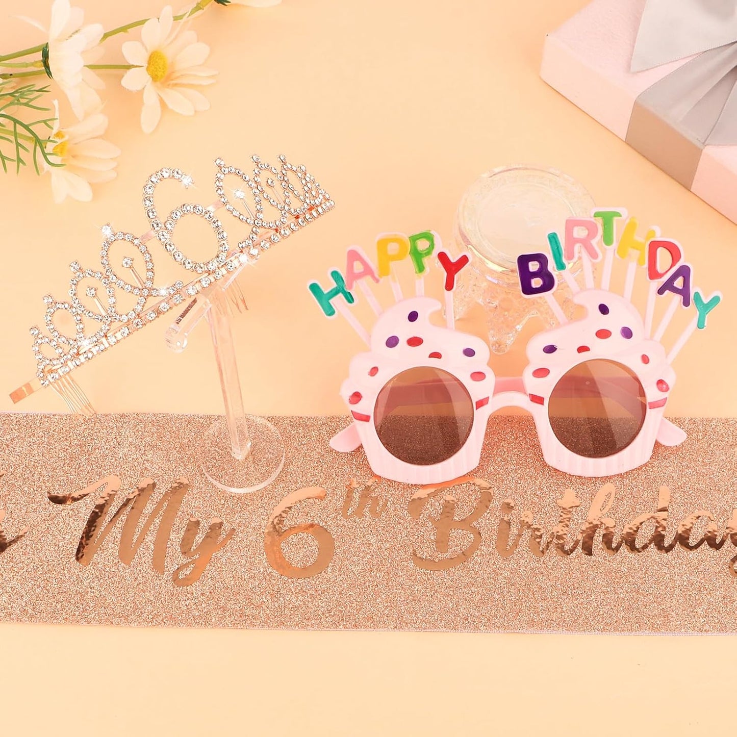 YARIEW 3rd Birthday Decorations, 3rd Glitter Purple Sash and Crown Kit with Happy Birthday Sunglasses, Tiara Princess Crown and Sash Party Outfit Accessory