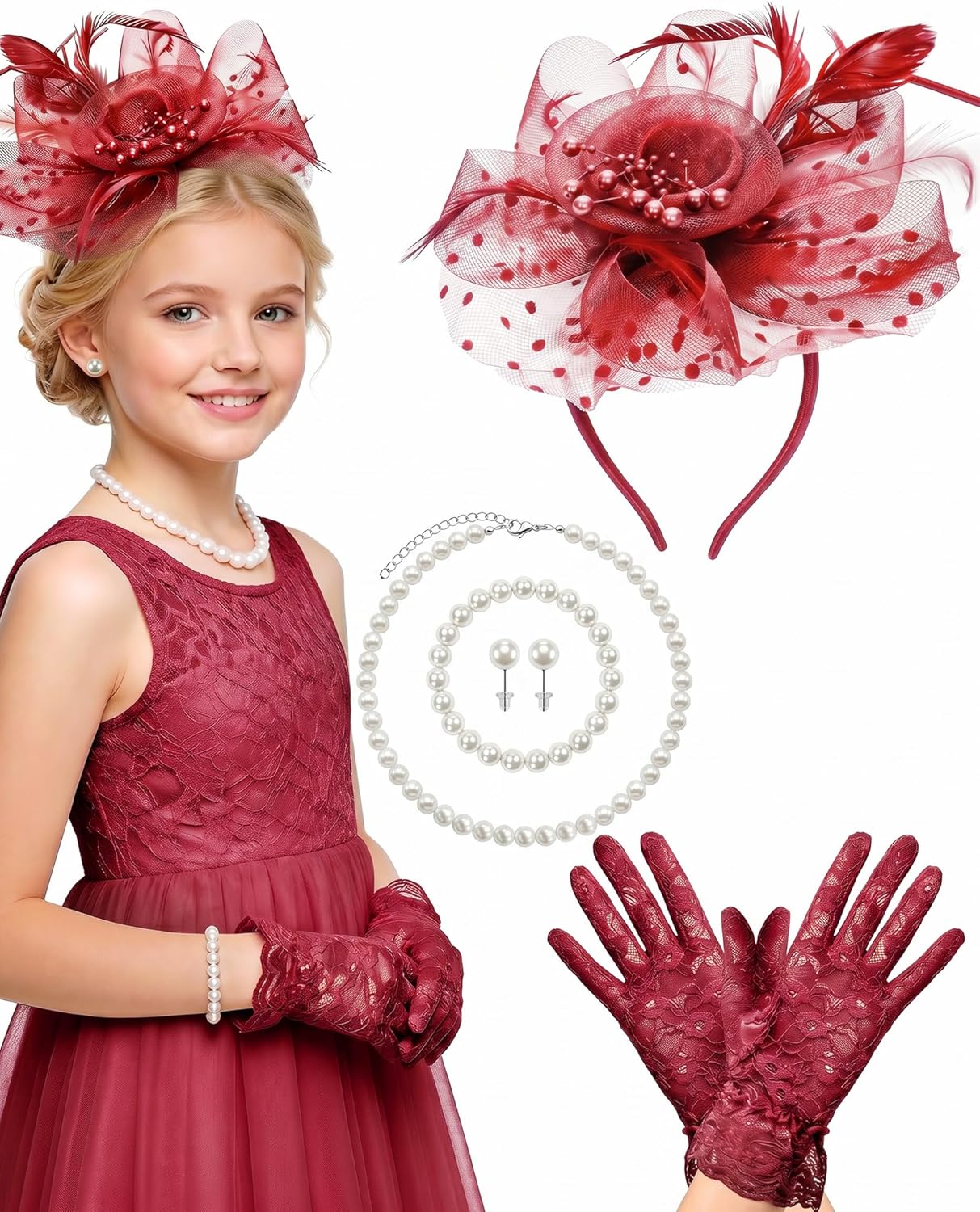 Girls Tea Party Fascinators Hats for Kids Fascinator Tea Party Hat Headband with Gloves Accessories for Girls
