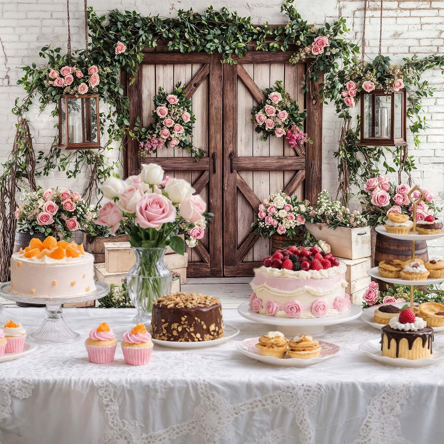 10x8ft Country Wedding Photography Backdrop Rustic Barn Door Photography Backdrop Farmhouse Pink Flower Cabin Wooden Birthday Baby Shower Wedding Bridal Party Banner Photo Booth Props Background