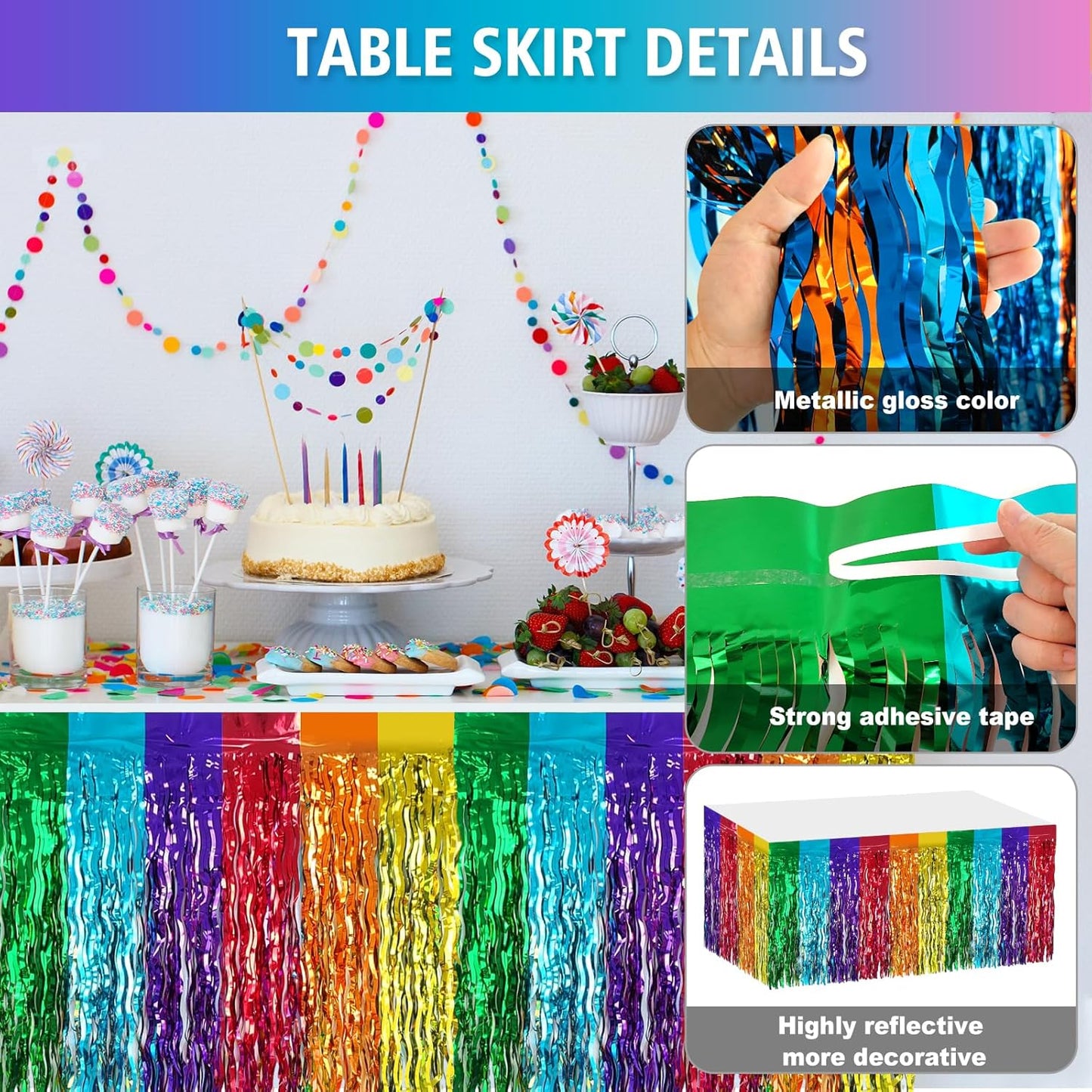 2 Pack 29.5x108 Inch Silver Foil Tinsel Fringe Table Skirts, Disposable Table Skirts for Rectangle Tables Curtains Backdrop Parade Wedding Floats Baby Shower Birthday Mardi Gras Party