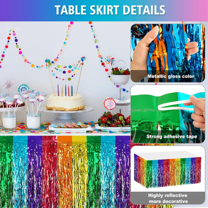 2 Pack 29.5x108 Inch Silver Foil Tinsel Fringe Table Skirts, Disposable Table Skirts for Rectangle Tables Curtains Backdrop Parade Wedding Floats Baby Shower Birthday Mardi Gras Party