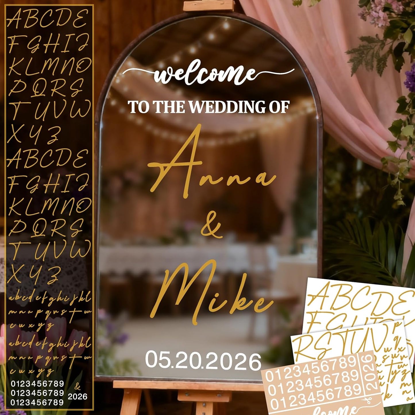 Custom Name Welcome to Our Wedding Signs Personalized Wedding Mirror Decals Selfie Mirror Decal for Wedding Entry Reception Display Golden Date Marriage DIY Vinyl Lettering Welcome Party Decoration
