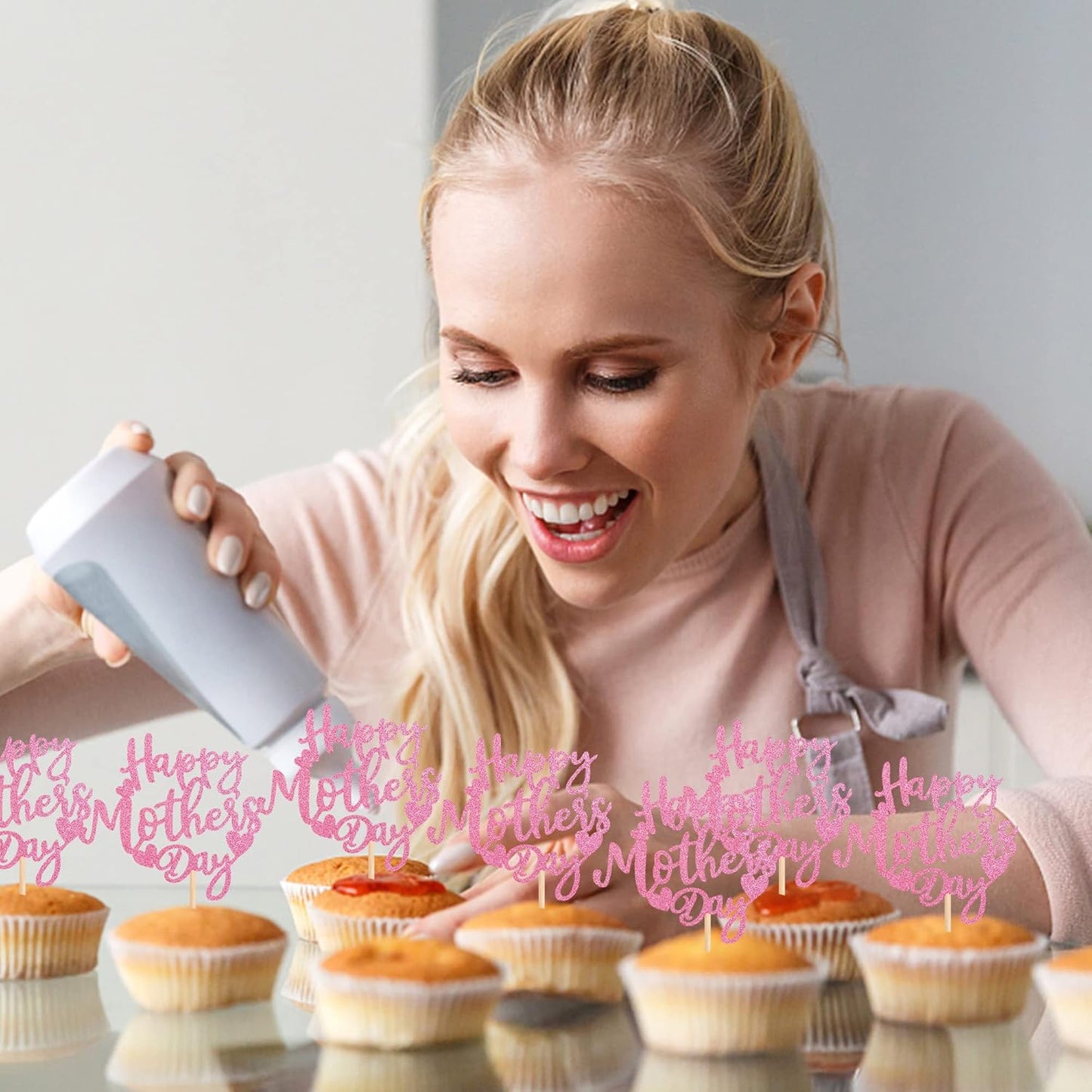 24 PCS Happy Mother's Day Cupcake Toppers with Glitter Heart Love Mother Best Mom Cupcake Picks for Happy Mother's Day Theme Women Birthday Party Cake Decorations Supplies Rose Gold