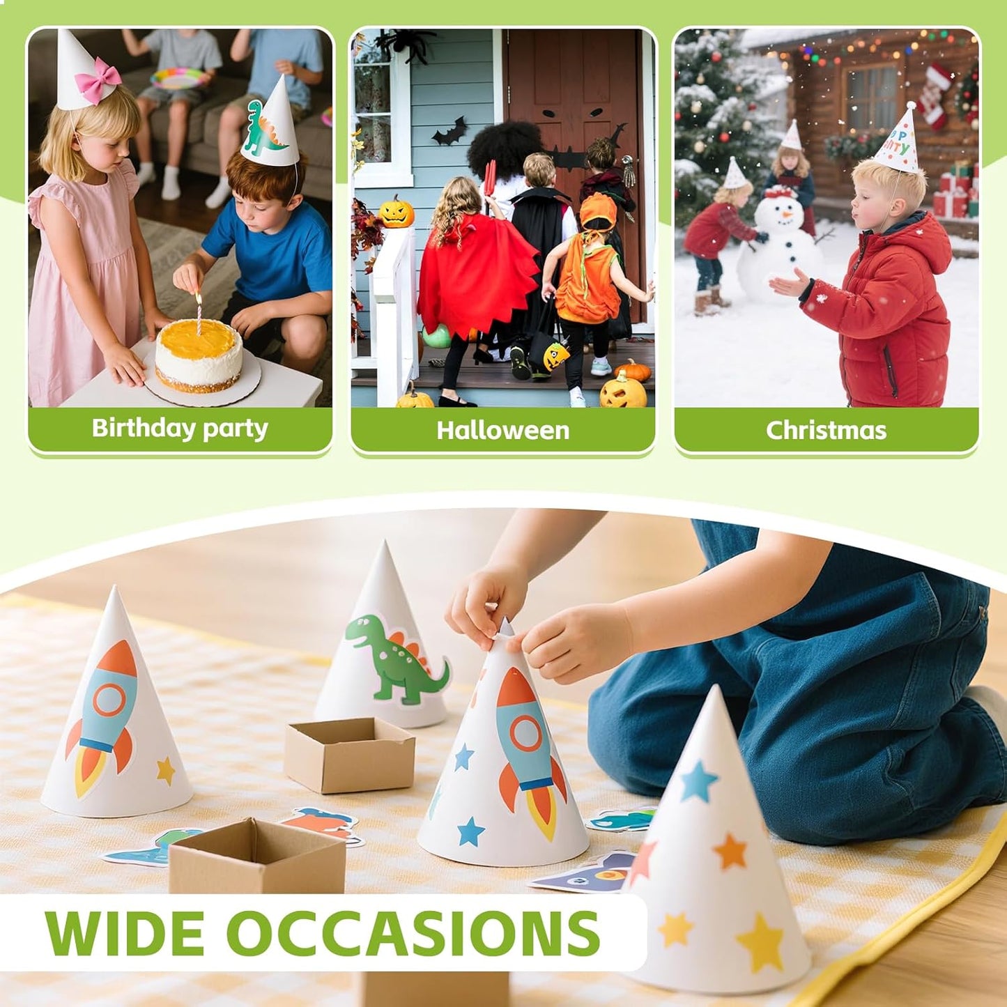 WEOXPR White Paper Party Hats for Birthday,Decorative Bulk Cone Hat for Adults Art DIY, Halloween Supplies（10/20/40/60）
