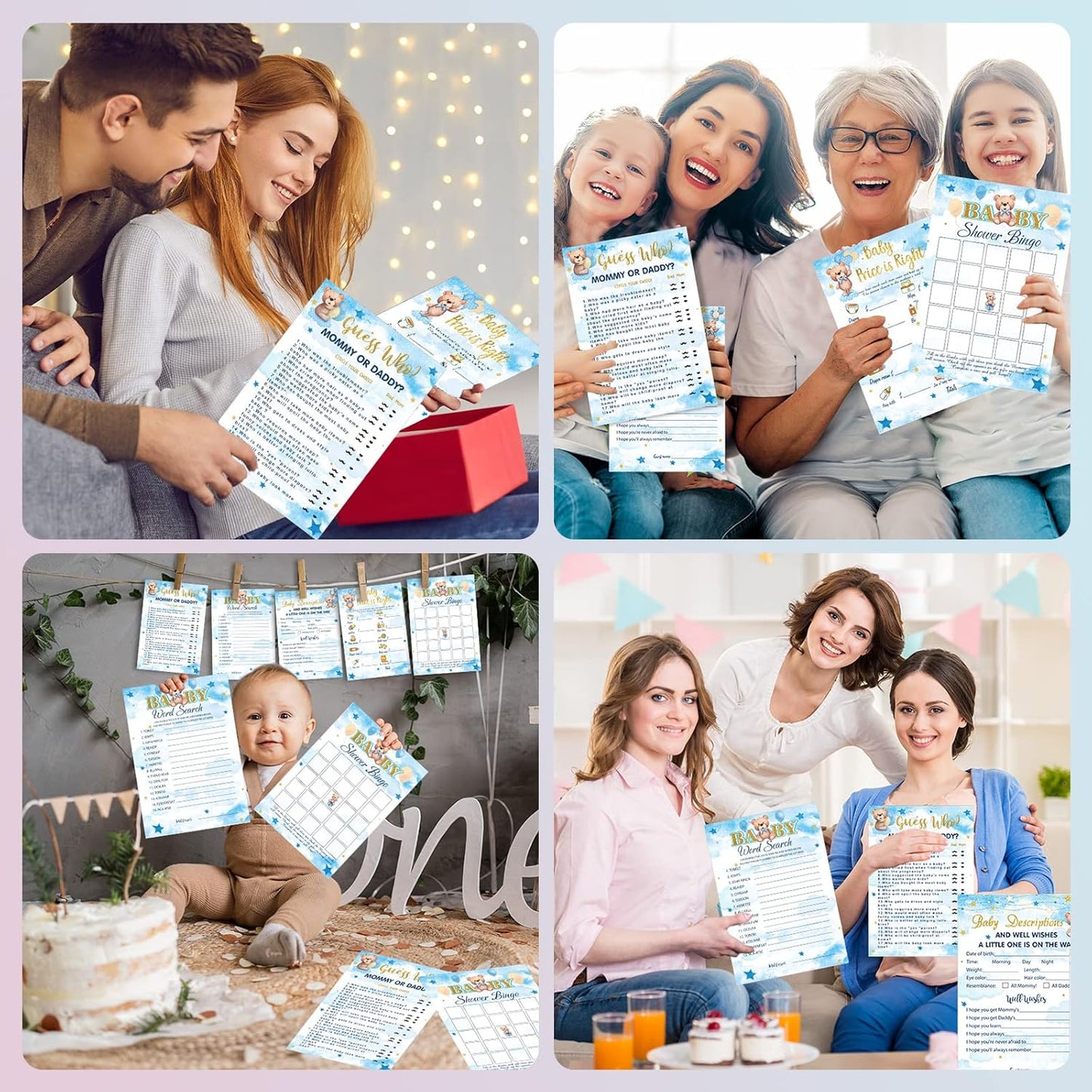 Yinder 145 Pcs Baby Shower Games Activities Cards with 20 Pencils Includes Baby Bingo Description and Wishes Guess Who Price is Right Word Scramble Game(Here Comes the Son)