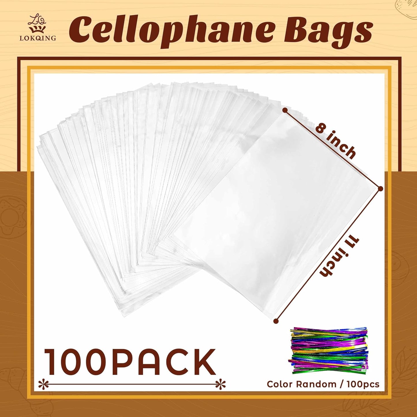 LOKQING Clear Cellophane Treat Bags 6 x 10 in, 100 Pack Mothers Day Gift Bags with Twist Ties, Bags for Cookies, Candy, Party Favors, Bakery Packaging and Small Gifts
