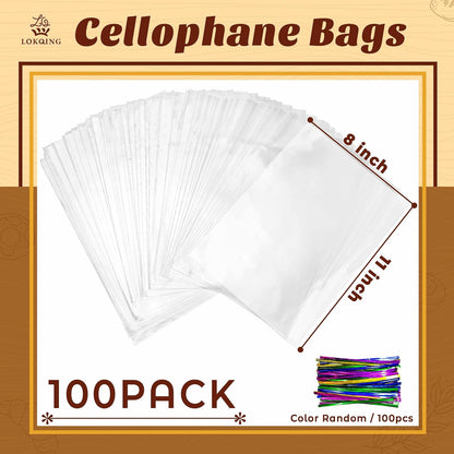 LOKQING Clear Cellophane Treat Bags 6 x 10 in, 100 Pack Mothers Day Gift Bags with Twist Ties, Bags for Cookies, Candy, Party Favors, Bakery Packaging and Small Gifts