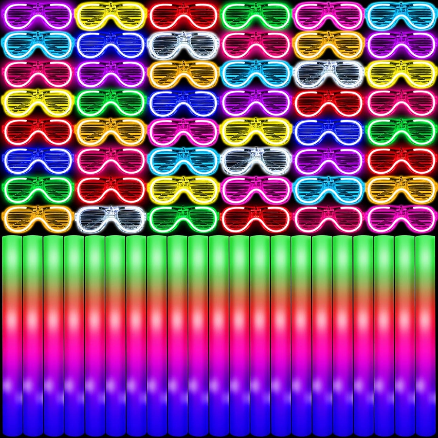 Oleitodh Glow in the Dark Party Supplies Set Bulk Neon Party Favor Toys Includes 30 Led Light up Glasses 10 Color 30 Light up Foam Sticks Bulk for Disco Wedding Birthday Concert Halloween Raves Party